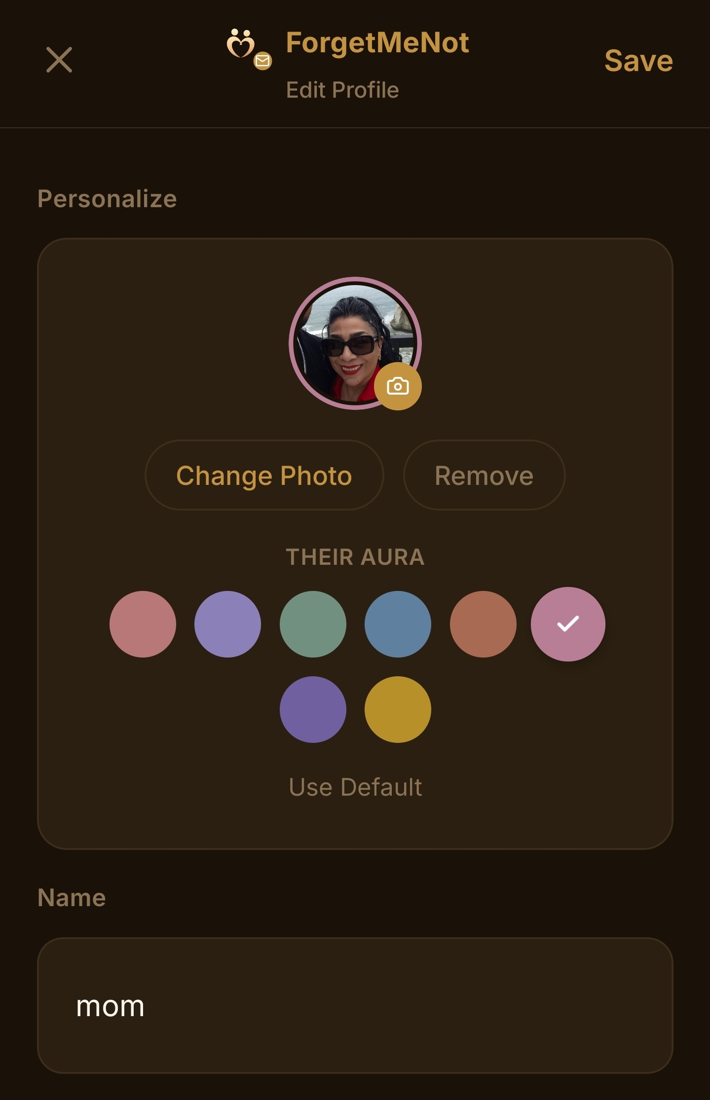 ForgetMeNot profile editor with photo, aura color and name fields